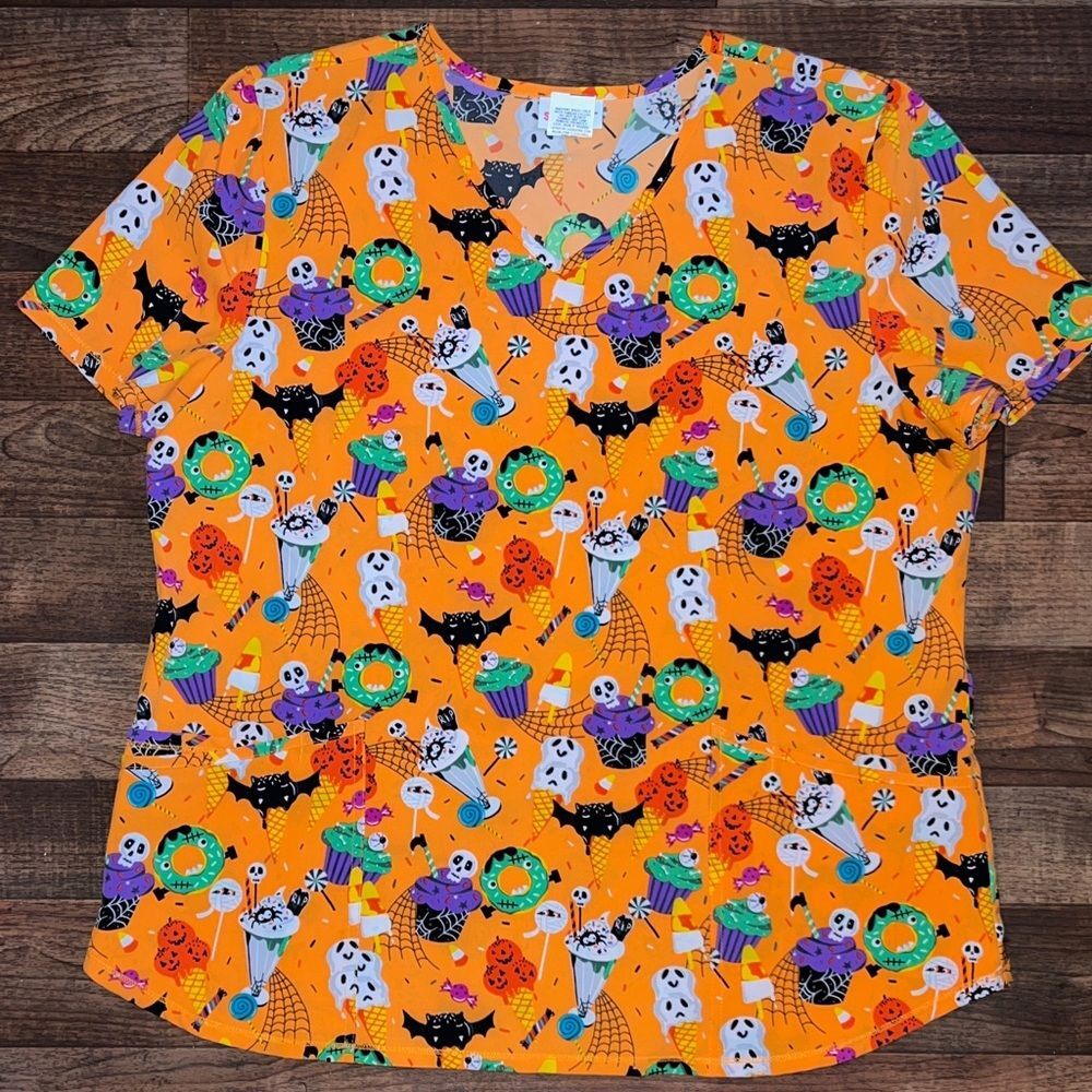 Scrubstar Orange Halloween Tee with Ghosts and Pumpkins